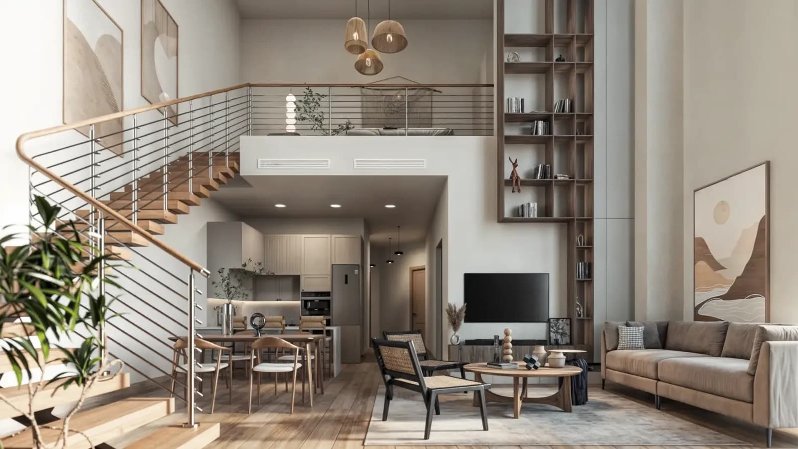 Zen two-bedroom loft interior concept, official developer rendering